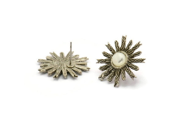Silver Sun Earring, 2 Antique Silver Plated Brass Sunshine Stud Earrings with 6mm Stone pad (23mm) N0859