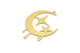 Brass Moon Charm, 6 Raw Brass Crescent Moon And Star Shaped Charms With 1 Loop, Findings (41x30x0.60mm) SMP0169