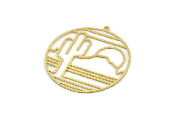 Brass Round Charm, 2 Raw Brass Cactus Charms With 1 Loop, Pendants, Findings (37x35x0.60mm) SMP0232