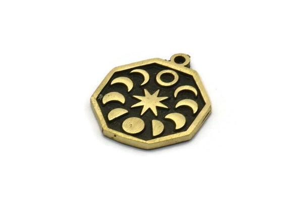 Brass Octagon Charm, 2 Raw Brass Octagon Charms With 1 Loop, Moon Phases Findings, Star Findings (19x16x1.4mm) N2330