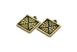 Brass Square Charm, 2 Raw Brass Square Charms With 1 Loop, Motif Findings, Ethnic Motif Charms (18x15x1.5mm) N2308