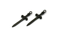 Knight&#39;s Sword Pendant, 4 Oxidized Black Plated Brass Sword Charms (36x10mm) N0248 H1010