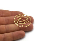 Brass Round Charm, 2 Raw Brass Rising Sun And Wavy Patterned Round Shaped Charms With 1 Loop, Charm Pendants (37x35x0.60mm) SMP0242
