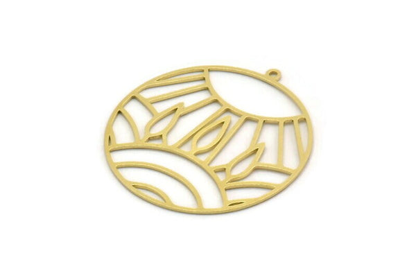 Brass Round Charm, 2 Raw Brass Sun Patterned Round Shaped Charms With 1 Loop, Charm Pendants (35x33x0.60mm) SMP0250