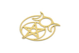 Brass Round Charm, 4 Raw Brass Crescent Moon And Star Patterned Round Shape Charms With 1 Loop, Charm Pendants (33x30x0.60mm) SMP0269