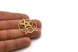 Brass Round Charm, 4 Raw Brass Crescent Moon And Star Patterned Round Shape Charms With 1 Loop, Charm Pendants (33x30x0.60mm) SMP0269