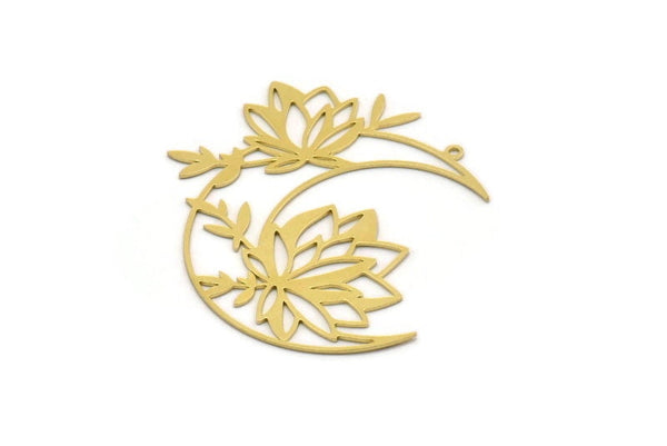 Brass Moon Charm, 2 Raw Brass Flowers And Crescent Moon Charms With 1 Loop, Findings (44x44x0.60mm) SMP0272 A5679