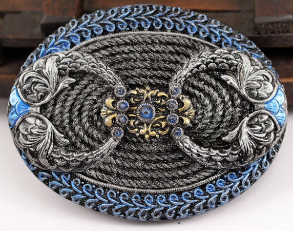 1 Vintage Blue and Black  Oval Belt Buckle  - Made in Germany 99x76x10 mm YS36