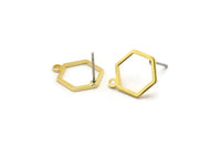 Brass Hexagon Earring, 12 Raw Brass Hexagon Stud Earrings With 1 Loop (15x12mm) D0736 A6856
