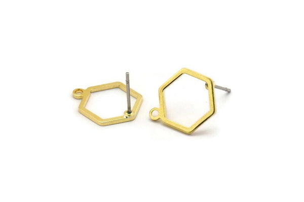 Brass Hexagon Earring, 12 Raw Brass Hexagon Stud Earrings With 1 Loop (15x12mm) D0736 A6856