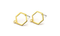 Brass Hexagon Earring, 12 Raw Brass Hexagon Stud Earrings With 1 Loop (15x12mm) D0736 A6856