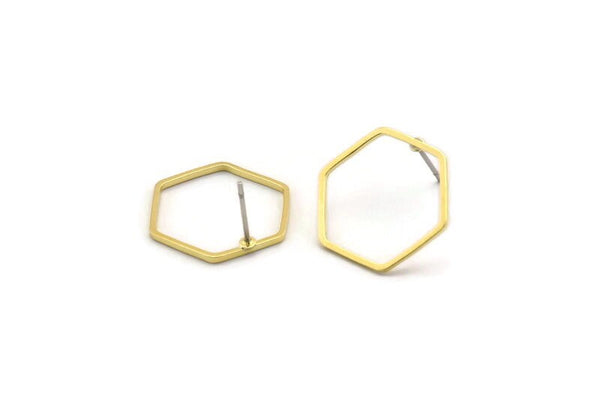 Brass Open Hexagon, 12 Raw Brass Hexagon Ring Stud Earrings (18x1mm) Bs 1224 A3828