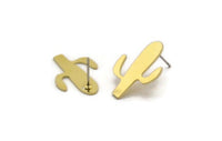 Brass Cactus Earring, 8 Raw Brass Cactus Stud Earrings (21x15x0.80mm) A6871