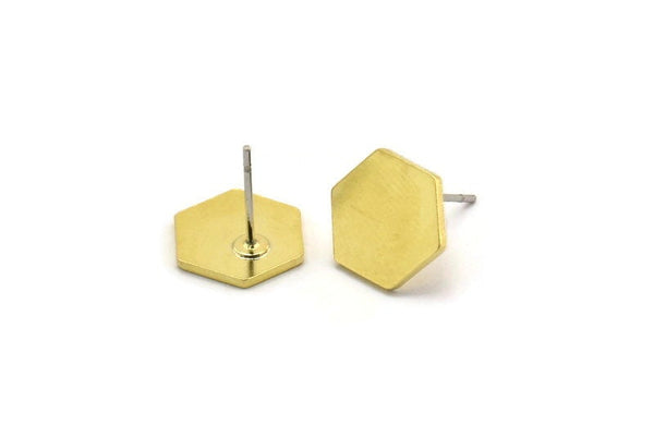 Brass Hexagon Earring, 6 Raw Brass Hexagon Stud Earrings (12x11x1mm) A3946 A6868