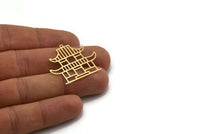 Brass House Charm, 4 Raw Brass Chinese House Charms With 1 Loop, Findings, Earrings (28.5x33x0.60mm) SMP0318