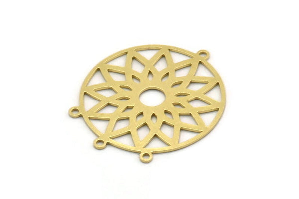 Brass Round Charm, 4 Raw Brass Flower Charms With 4 Loops, Findings (31x27x0.60mm) SMP0386