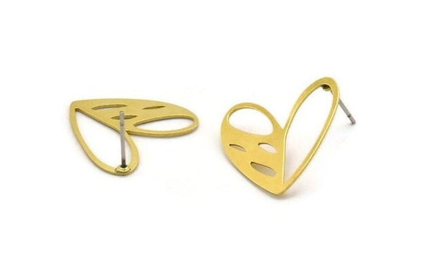 Brass Heart Earring, 8 Raw Brass Heart Stud Earrings, Findings (21x21x0.60mm) A3478 A3563