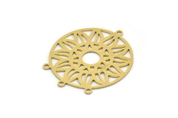 Brass Round Charm, 4 Raw Brass Flower Charms With 4 Loops, Findings (31x27x0.60mm) SMP0414