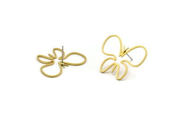 Brass Butterfly Earring, 8 Raw Brass Butterfly Shaped Stud Earrings (27x21x0.80mm) A4982 A3585