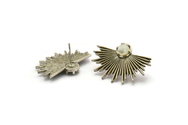 Silver Sunshine Earring, 2 Antique Silver Plated Brass Sunshine Badge Stud Earrings - Pad Size 6mm (31x21mm) N0769