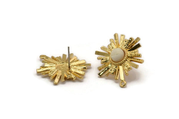 Brass Sun Earring, 2 Raw Brass Sunshine Stud Earrings with 6mm Stone pad (25x22mm) N0861