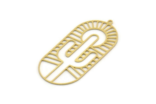 Brass Oval Charm, 2 Raw Brass Sun And Cactus Patterned Oval Shaped Charms With 1 Loop, Desert Findings (48.5x22x0.60mm) SMP0428