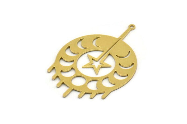 Brass Round Charm, 4 Raw Brass Moon Phases Charms With 1 Loop, Star Charms, Findings (43x29x0.60mm) SMP0435