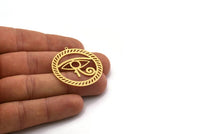 Brass Round Charm, 2 Raw Brass Horus Eye Charms With 1 Loop, Charm Pendants, Findings (38x36x0.60mm) SMP0445