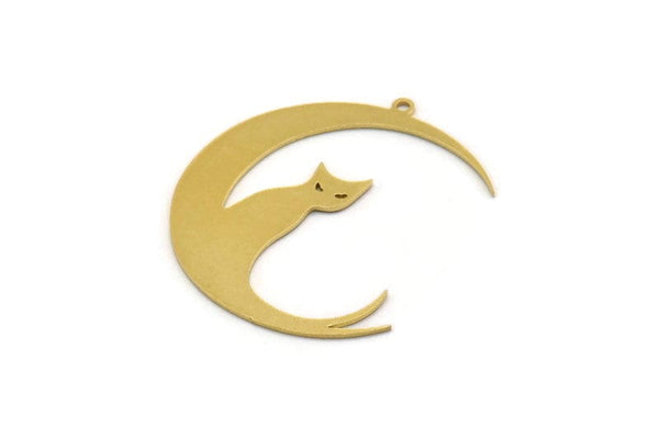 Brass Cat Charm, 6 Raw Brass Crescent Moon And Cat Shaped Charms With 1 Loop, Earring Findings (35x30x0.60mm) SMP0474