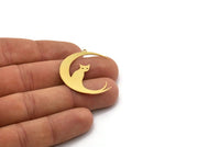 Brass Cat Charm, 6 Raw Brass Crescent Moon And Cat Shaped Charms With 1 Loop, Earring Findings (35x30x0.60mm) SMP0474