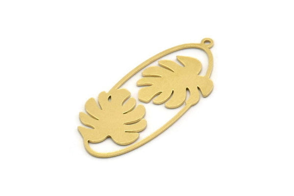 Brass Oval Charm, 4 Raw Brass Monstera Leaf Charms With 1 Loop, Findings (38x16x0.60mm) SMP0486