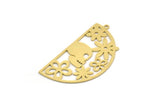 Semi Circle Charm, 2 Raw Brass Skull And Flower Patterned Charms With 1 Loop, Half Moon Charms, Findings (41x22x0.60mm) SMP0191