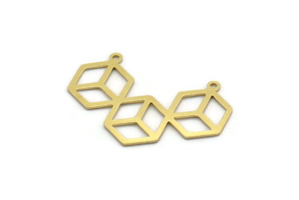 Brass Cube Charm, 6 Raw Brass Cube Shaped Charms With 2 Loops, Necklace Charms, Findings (32x21x0.60mm) SMP0207