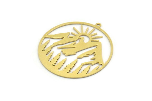 Brass Round Charm, 2 Raw Brass Mountain Charms With 1 Loop, Charm Pendants (34x32x0.60mm) SMP0213