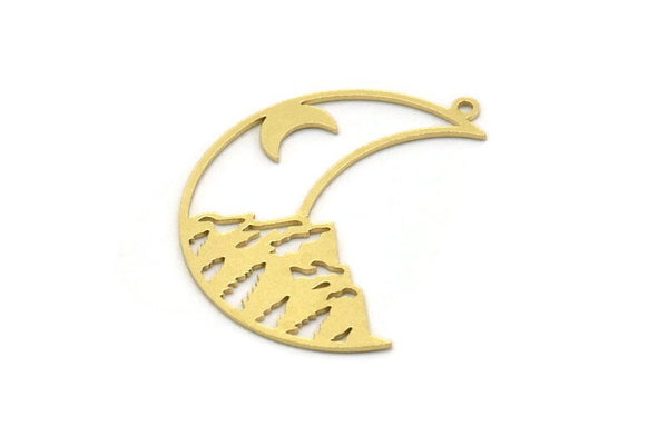 Brass Crescent Charm, 4 Raw Brass Mountain And Crescent Moon Patterned Charms With 1 Loop, Findings (31x23x0.60mm) SMP0223