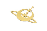 Brass Moon Charm, 4 Raw Brass Crescent Moon Shaped Charms With 1 Loop, Star Findings (32x43x0.60mm) SMP0237