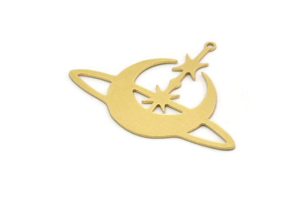 Brass Moon Charm, 4 Raw Brass Crescent Moon Shaped Charms With 1 Loop, Star Findings (32x43x0.60mm) SMP0237