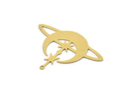 Brass Moon Charm, 4 Raw Brass Crescent Moon Shaped Charms With 1 Loop, Star Findings (32x43x0.60mm) SMP0237