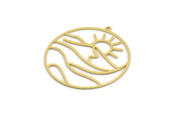 Brass Round Charm, 2 Raw Brass Rising Sun And Wavy Patterned Round Shaped Charms With 1 Loop, Charm Pendants (37x35x0.60mm) SMP0242