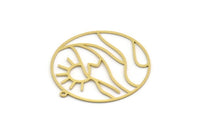 Brass Round Charm, 2 Raw Brass Rising Sun And Wavy Patterned Round Shaped Charms With 1 Loop, Charm Pendants (37x35x0.60mm) SMP0242