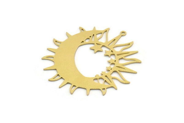 Brass Moon Charm, 2 Raw Brass Crescent Moon And Sun Shaped Charms With 1 Loop, Findings (43x42x0.60mm) SMP0271
