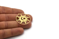Brass Round Charm, 2 Raw Brass Sun And Crescent Moon Shaped Charms With 1 Loop, Star Charms, Pendants (34x32x0.60mm) SMP0308