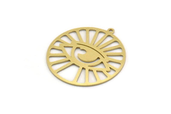 Brass Eye Charm, 4 Raw Brass Eye Patterned Round Shaped Charms With 1 Loop, Earring Charm Findings (29.5x27.5x0.60mm) SMP0370