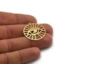 Brass Eye Charm, 4 Raw Brass Eye Patterned Round Shaped Charms With 1 Loop, Earring Charm Findings (29.5x27.5x0.60mm) SMP0370