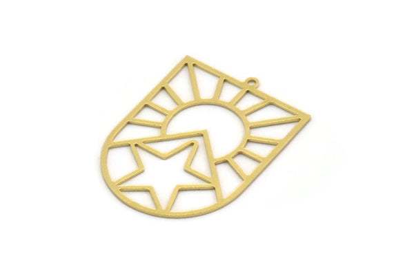 Brass Sun Charm, 2 Raw Brass Sun And Star Shaped Charms With 1 Loop (35x26x0.60mm) SMP0387