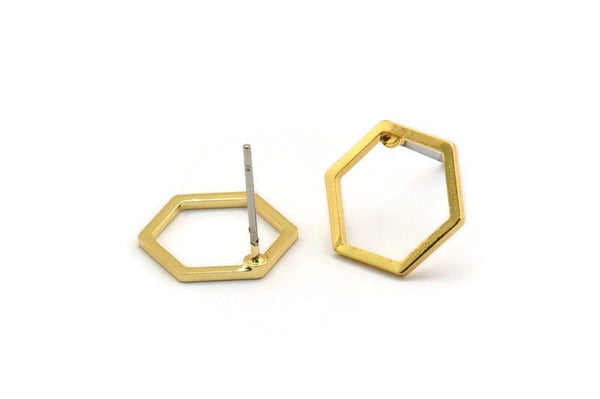 Gold Hexagon Earring, 6 Gold Plated Brass Hexagon Stud Earrings (12x0.90mm) A1636 A1714