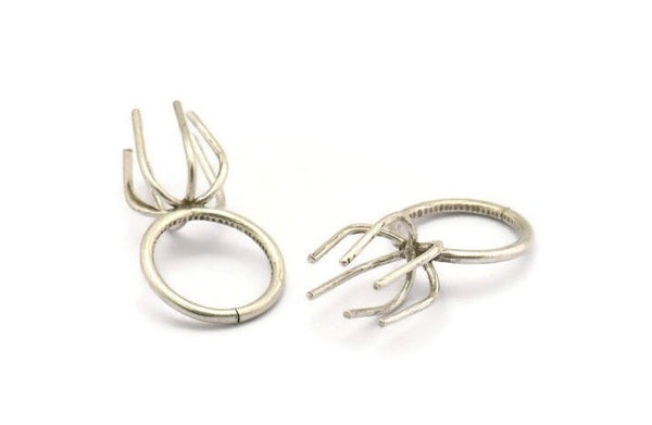 Claw Ring Settings - 2 Antique Silver Plated Brass 6 Claw Ring Blanks For Natural Stones N0257 H1058