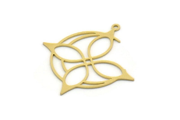 Brass Moon Charm, 4 Raw Brass Flower And Crescent Moon Charms With 1 Loop, Findings (34x32x0.60mm) SMP0462