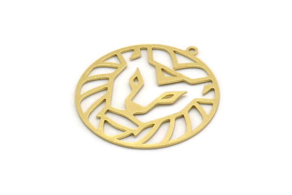 Brass Round Charm, 4 Raw Brass Lion Charms With 1 Loop, Pendants, Findings (32x30x0.60mm) SMP0498