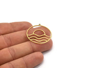 Brass Round Charm, 4 Raw Brass Rising Sun And Wavy Patterned Round Shaped Charms With 1 Loop, Charm Pendants (33x31x0.80mm) SMP0693